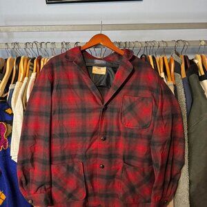 Vintage 60s Pendleton red plaid wool shirt jacket Size Medium leather buttons